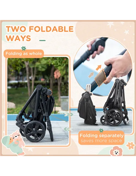 HOMCOM Foldable Baby Stoller, with Reclining Backrest, Adjustable Canopy, for Ages 0-36 Months - Black