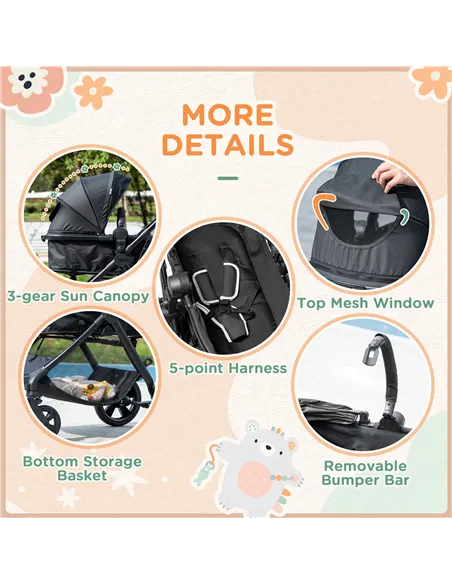 HOMCOM Foldable Baby Stoller, with Reclining Backrest, Adjustable Canopy, for Ages 0-36 Months - Black