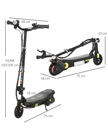 HOMCOM Foldable Electric Scooter, with LED Headlights, for Ages 7-14 Years, Black