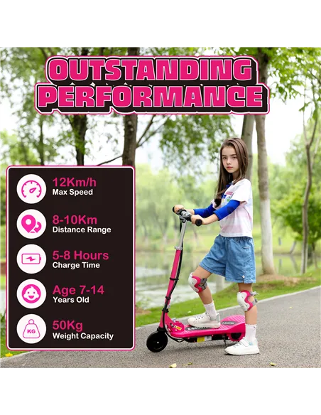 HOMCOM Foldable Electric Kids Scooter, Ride-on for Ages 7-14 Years, Pink