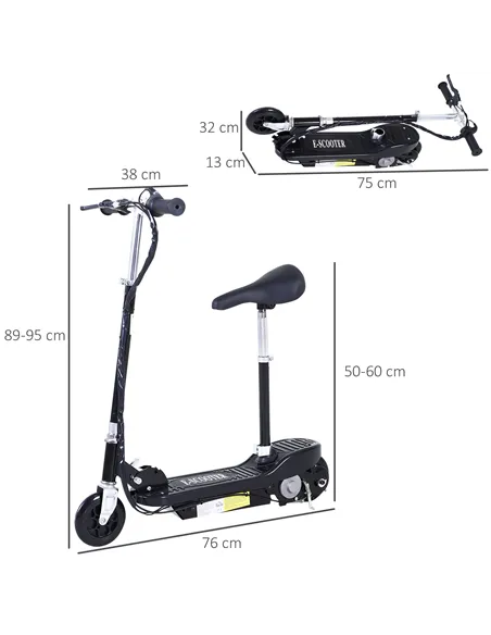 HOMCOM Powered E-Scooter Ride-On, with Brakes, Adjustable Seat, Adjustable Handlebars, Black