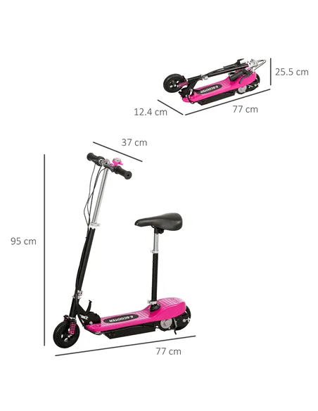HOMCOM Steel Ride on Powered Scooter, Folding E-Scooter with Warning Bell, 15km/h Maximum Speed, for 6-14 Years Old, Pink