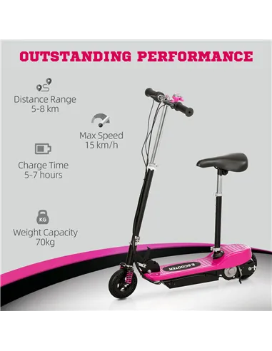 HOMCOM Steel Ride on Powered Scooter, Folding E-Scooter with Warning Bell, 15km/h Maximum Speed, for 6-14 Years Old, Pink