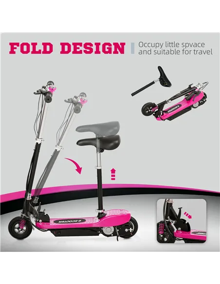 HOMCOM Steel Ride on Powered Scooter, Folding E-Scooter with Warning Bell, 15km/h Maximum Speed, for 6-14 Years Old, Pink