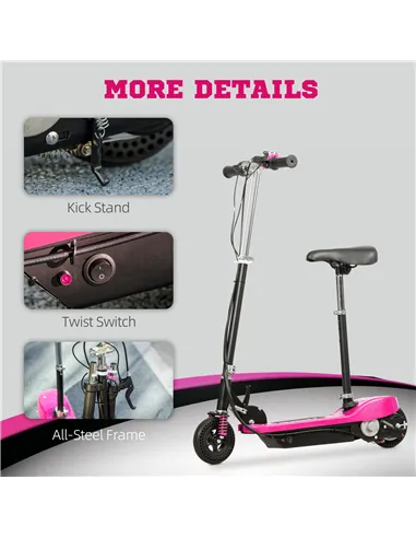 HOMCOM Steel Ride on Powered Scooter, Folding E-Scooter with Warning Bell, 15km/h Maximum Speed, for 6-14 Years Old, Pink