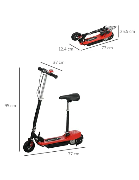 HOMCOM Steel Ride on Powered Scooter, Folding E-Scooter with Warning Bell, 15km/h Maximum Speed, for 6-14 Years Old, Red