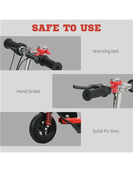 HOMCOM Steel Ride on Powered Scooter, Folding E-Scooter with Warning Bell, 15km/h Maximum Speed, for 6-14 Years Old, Red
