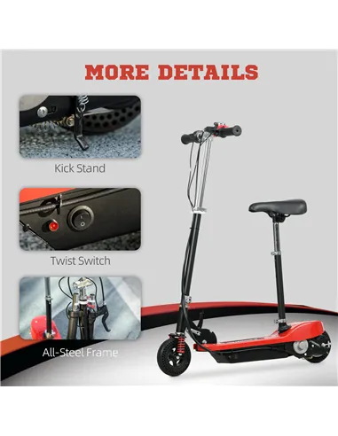 HOMCOM Steel Ride on Powered Scooter, Folding E-Scooter with Warning Bell, 15km/h Maximum Speed, for 6-14 Years Old, Red