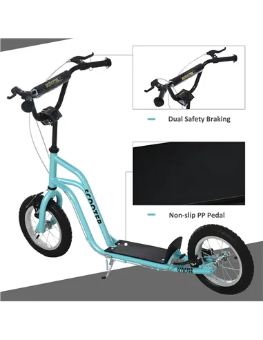HOMCOM Stunt Scooter, Kids Scooter, 12'' Rubber Tyre Kick Scooter with Adjustable Handlebar, Dual Brakes, Blue