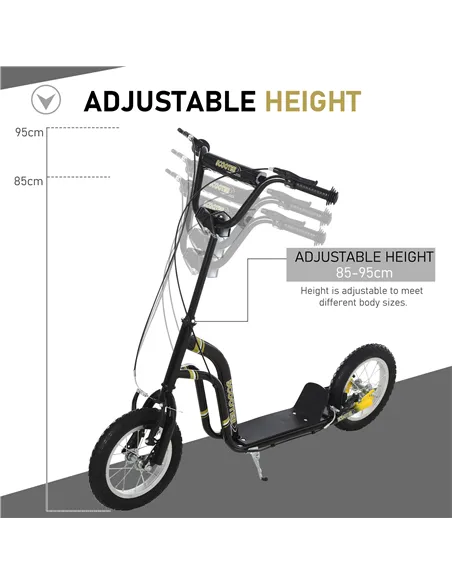 HOMCOM Teen Kids Stunt Scooter w/ Adjustable Handlebar, 12 Inch Rubber Tyres, Dual Brakes, Black