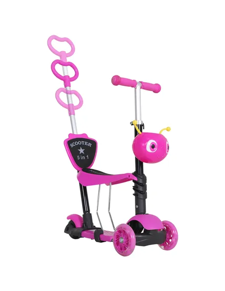HOMCOM Adjustable Kids Toddler Scooter, with Removable Seat, Back Handle, Pink