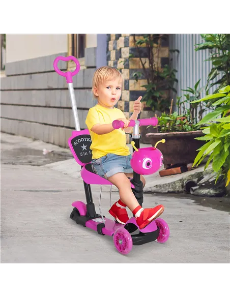 HOMCOM Adjustable Kids Toddler Scooter, with Removable Seat, Back Handle, Pink
