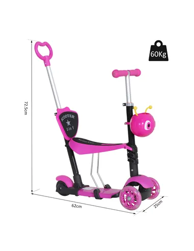 HOMCOM Adjustable Kids Toddler Scooter, with Removable Seat, Back Handle, Pink