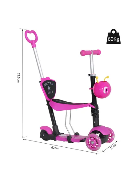 HOMCOM Adjustable Kids Toddler Scooter, with Removable Seat, Back Handle, Pink