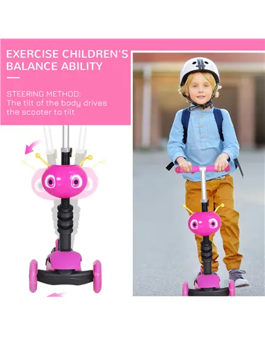 HOMCOM Adjustable Kids Toddler Scooter, with Removable Seat, Back Handle, Pink