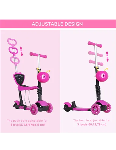 HOMCOM Adjustable Kids Toddler Scooter, with Removable Seat, Back Handle, Pink