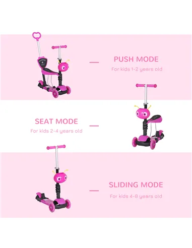 HOMCOM Adjustable Kids Toddler Scooter, with Removable Seat, Back Handle, Pink