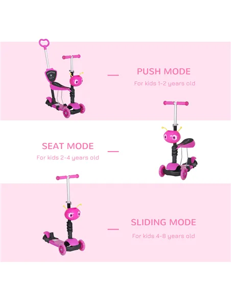 HOMCOM Adjustable Kids Toddler Scooter, with Removable Seat, Back Handle, Pink