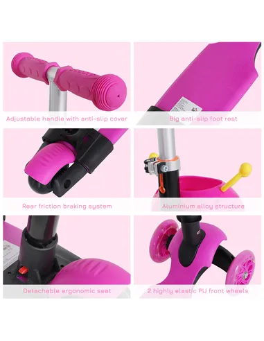 HOMCOM Adjustable Kids Toddler Scooter, with Removable Seat, Back Handle, Pink