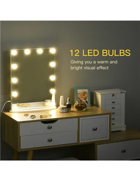 HOMCOM Hollywood Mirror with Lights for Makeup Dressing Table, Lighted Vanity Mirror with 12 Dimmable LED Bulbs and USB Plug in 