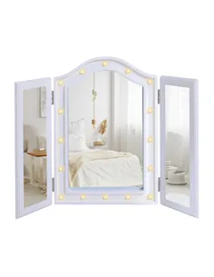 HOMCOM Trifold Freestanding Mirror, Lighted Tabletop Vanity Mirror Large Cosmetic w/16 LED Lights powered by batteries Foldable 