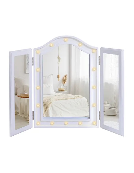 HOMCOM Trifold Freestanding Mirror, Lighted Tabletop Vanity Mirror Large Cosmetic w/16 LED Lights powered by batteries Foldable 