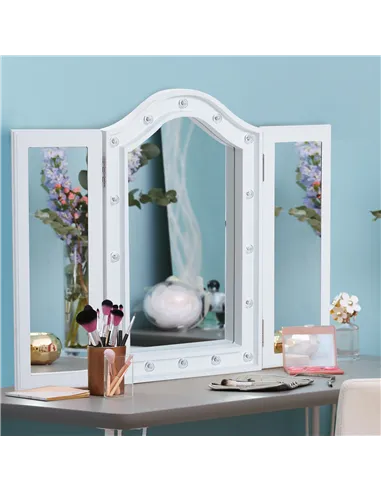 HOMCOM Trifold Freestanding Mirror, Lighted Tabletop Vanity Mirror Large Cosmetic w/16 LED Lights powered by batteries Foldable 