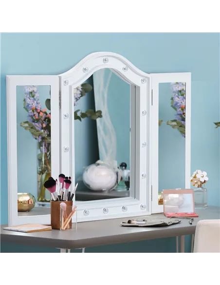 HOMCOM Trifold Freestanding Mirror, Lighted Tabletop Vanity Mirror Large Cosmetic w/16 LED Lights powered by batteries Foldable 