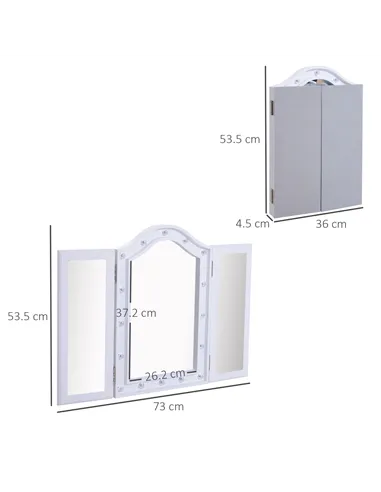 HOMCOM Trifold Freestanding Mirror, Lighted Tabletop Vanity Mirror Large Cosmetic w/16 LED Lights powered by batteries Foldable 