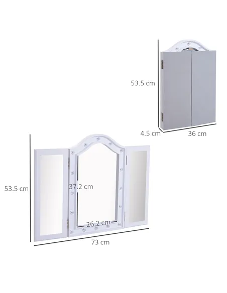 HOMCOM Trifold Freestanding Mirror, Lighted Tabletop Vanity Mirror Large Cosmetic w/16 LED Lights powered by batteries Foldable 