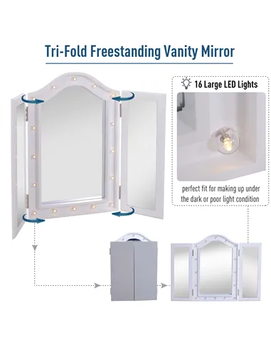 HOMCOM Trifold Freestanding Mirror, Lighted Tabletop Vanity Mirror Large Cosmetic w/16 LED Lights powered by batteries Foldable 