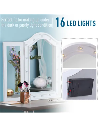 HOMCOM Trifold Freestanding Mirror, Lighted Tabletop Vanity Mirror Large Cosmetic w/16 LED Lights powered by batteries Foldable 