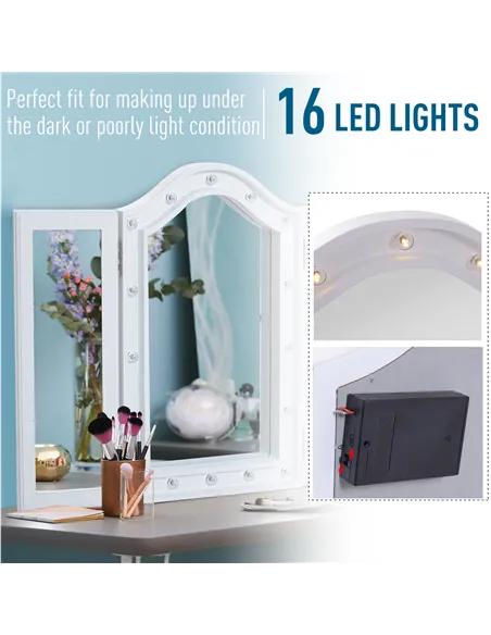 HOMCOM Trifold Freestanding Mirror, Lighted Tabletop Vanity Mirror Large Cosmetic w/16 LED Lights powered by batteries Foldable 