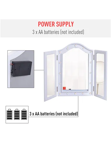 HOMCOM Trifold Freestanding Mirror, Lighted Tabletop Vanity Mirror Large Cosmetic w/16 LED Lights powered by batteries Foldable 
