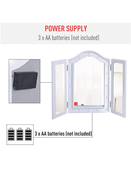 HOMCOM Trifold Freestanding Mirror, Lighted Tabletop Vanity Mirror Large Cosmetic w/16 LED Lights powered by batteries Foldable 