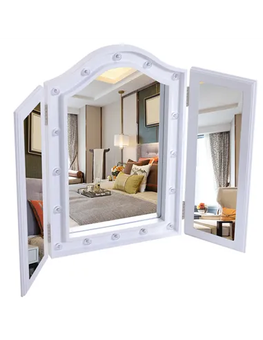 HOMCOM Trifold Freestanding Mirror, Lighted Tabletop Vanity Mirror Large Cosmetic w/16 LED Lights powered by batteries Foldable 