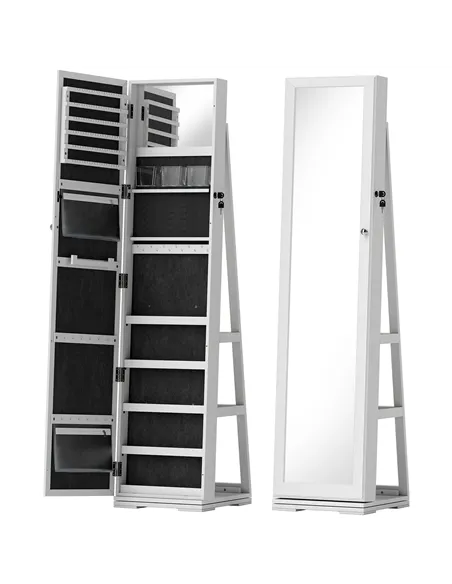 HOMCOM 360° Swivel Jewellery Cabinet, Free Standing Full Length Mirror with Storage, Lockable Jewellery Organiser with Built-in 