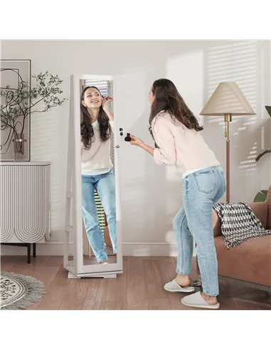 HOMCOM 360° Swivel Jewellery Cabinet, Free Standing Full Length Mirror with Storage, Lockable Jewellery Organiser with Built-in 