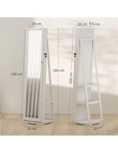 HOMCOM 360° Swivel Jewellery Cabinet, Free Standing Full Length Mirror with Storage, Lockable Jewellery Organiser with Built-in 