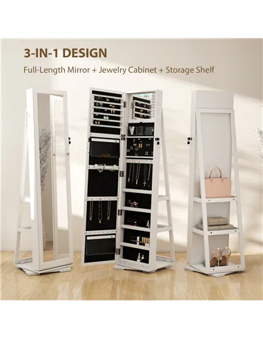 HOMCOM 360° Swivel Jewellery Cabinet, Free Standing Full Length Mirror with Storage, Lockable Jewellery Organiser with Built-in 