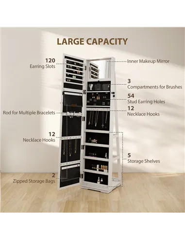 HOMCOM 360° Swivel Jewellery Cabinet, Free Standing Full Length Mirror with Storage, Lockable Jewellery Organiser with Built-in 