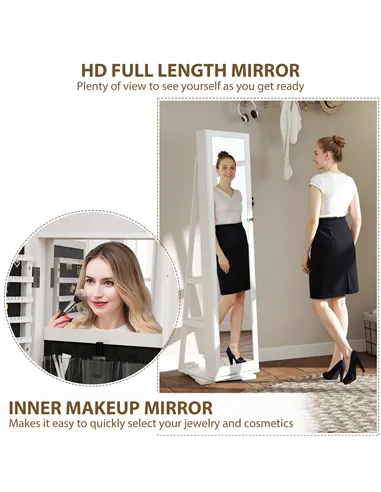 HOMCOM 360° Swivel Jewellery Cabinet, Free Standing Full Length Mirror with Storage, Lockable Jewellery Organiser with Built-in 