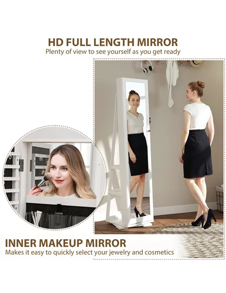 HOMCOM 360° Swivel Jewellery Cabinet, Free Standing Full Length Mirror with Storage, Lockable Jewellery Organiser with Built-in 