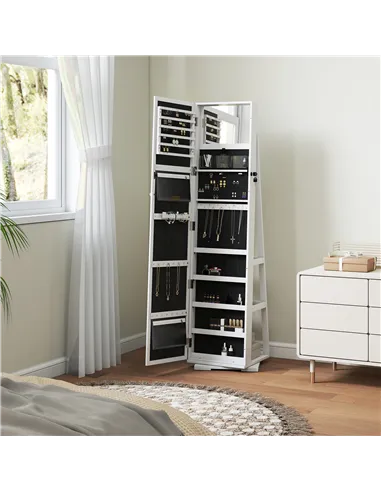HOMCOM 360° Swivel Jewellery Cabinet, Free Standing Full Length Mirror with Storage, Lockable Jewellery Organiser with Built-in 
