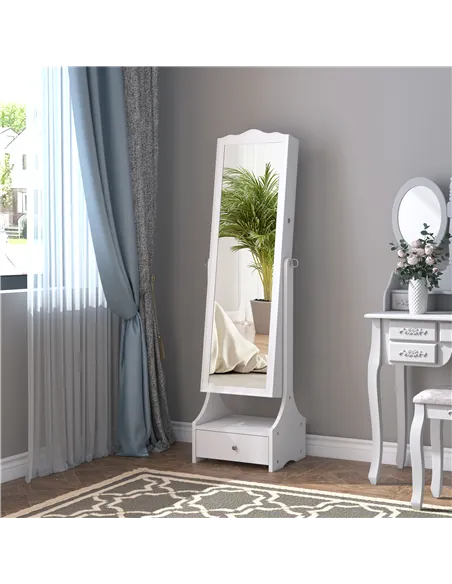HOMCOM Jewellery Cabinet with led, mirroir Cabinet Armoire Floor Standing Flip-over Makeup Shelf Organizer with lock white