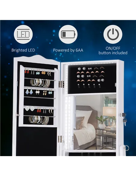 HOMCOM Jewellery Cabinet with led, mirroir Cabinet Armoire Floor Standing Flip-over Makeup Shelf Organizer with lock white