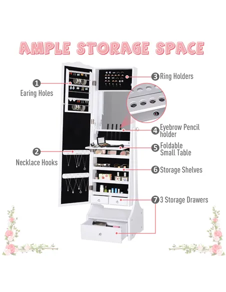 HOMCOM Jewellery Cabinet with led, mirroir Cabinet Armoire Floor Standing Flip-over Makeup Shelf Organizer with lock white