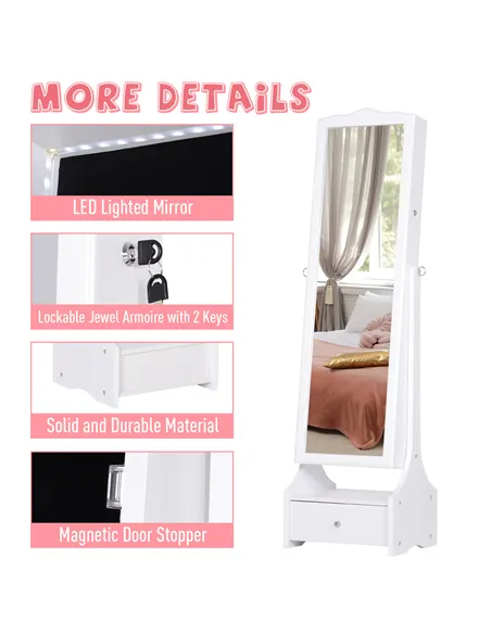HOMCOM Jewellery Cabinet with led, mirroir Cabinet Armoire Floor Standing Flip-over Makeup Shelf Organizer with lock white