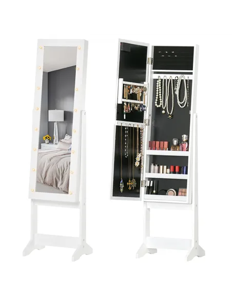 HOMCOM Free Standing LED Mirrored Jewelry Cabinet Armoire Floor Organiser W/ 3 Angle Adjustable For Rings Earrings Bracelets Cos
