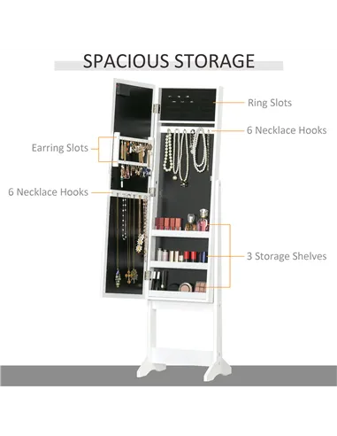 HOMCOM Free Standing LED Mirrored Jewelry Cabinet Armoire Floor Organiser W/ 3 Angle Adjustable For Rings Earrings Bracelets Cos